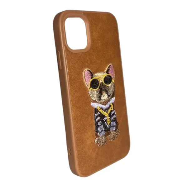 Brown Leather iPhone 11 Case with French Bulldog Design - Image 2