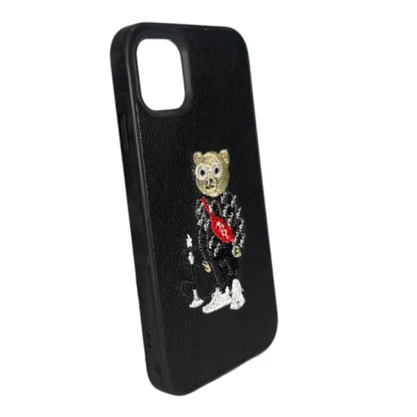 Black Leather iPhone 11 Case with Bear and Hookah Design - Image 2