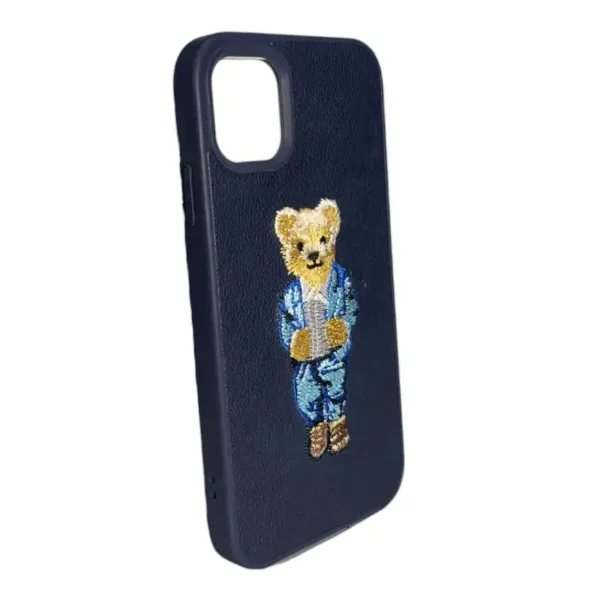 Navy Blue Leather iPhone 11 Case with Bear in Suit Design - Image 2