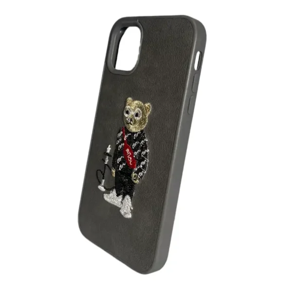 Grey Leather iPhone 11 Case with Embroidered Bear Hookah - Image 3