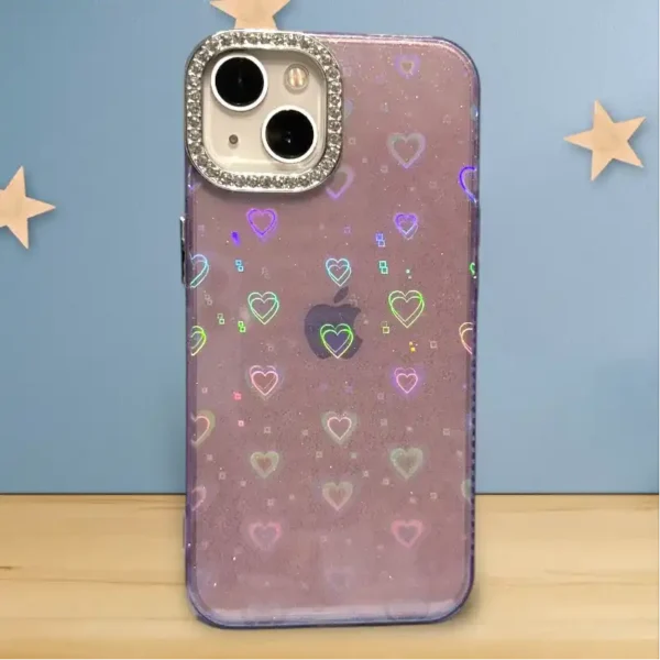Stylish Glitter Heart Design iPhone 13,14 Case with Diamond Camera Protector – Premium Transparent Back Cover