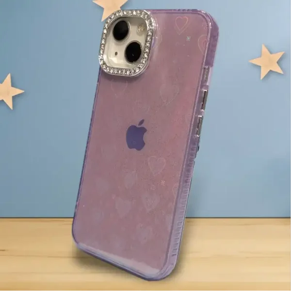 Stylish Glitter Heart Design iPhone 13,14 Case with Diamond Camera Protector – Premium Transparent Back Cover - Image 3