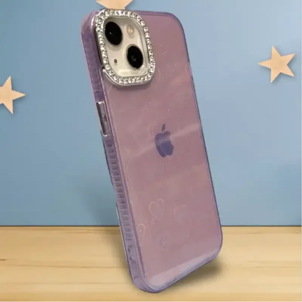 Stylish Glitter Heart Design iPhone 13,14 Case with Diamond Camera Protector – Premium Transparent Back Cover - Image 2