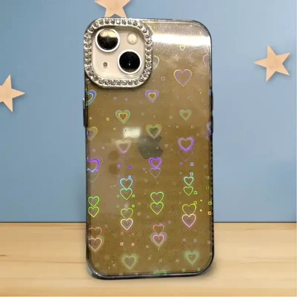 Stylish Glitter Heart Design iPhone 13,14 Case with Diamond Camera Protector – Premium Transparent Back Cover