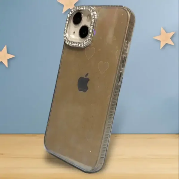 Stylish Glitter Heart Design iPhone 13,14 Case with Diamond Camera Protector – Premium Transparent Back Cover - Image 3