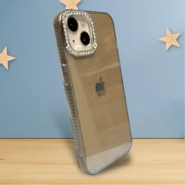 Stylish Glitter Heart Design iPhone 13,14 Case with Diamond Camera Protector – Premium Transparent Back Cover - Image 2