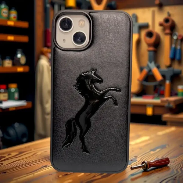 Premium Black Leather iPhone 13,14 Case with Embossed Horse Design – Rugged Luxury for Performance & Style Lovers