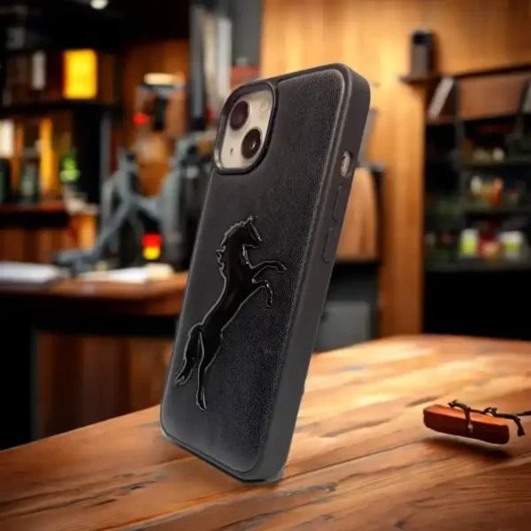 Premium Black Leather iPhone 13,14 Case with Embossed Horse Design – Rugged Luxury for Performance & Style Lovers - Image 3