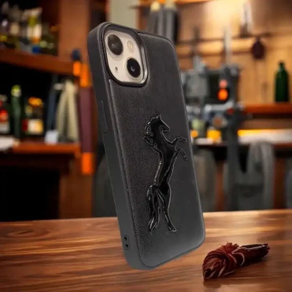 Premium Black Leather iPhone 13,14 Case with Embossed Horse Design – Rugged Luxury for Performance & Style Lovers - Image 2