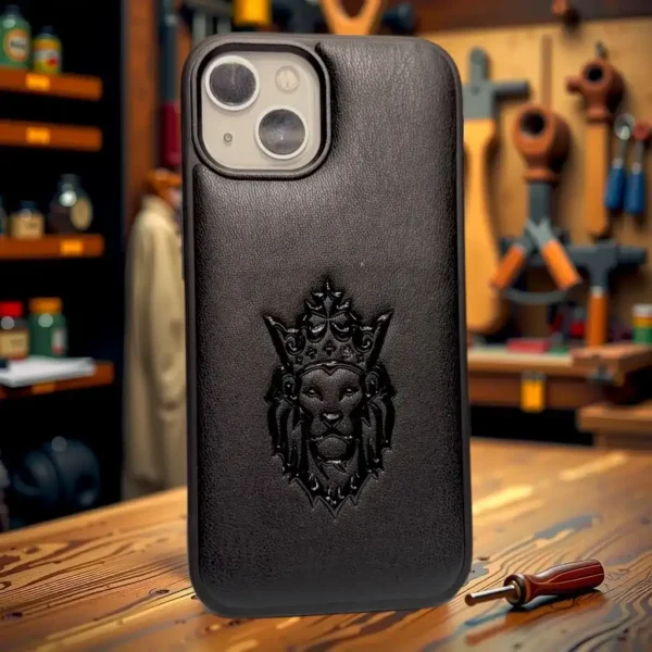 Premium Black Leather iPhone 13,14 Case with Embossed Lion Design – Rugged Luxury for Performance & Style Lovers