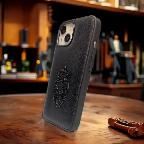 Premium Black Leather iPhone 13,14 Case with Embossed Lion Design – Rugged Luxury for Performance & Style Lovers - Image 3