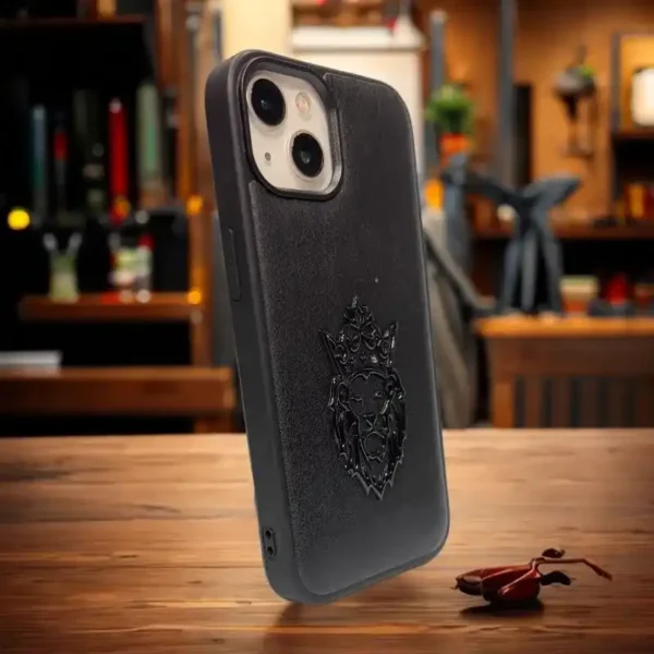 Premium Black Leather iPhone 13,14 Case with Embossed Lion Design – Rugged Luxury for Performance & Style Lovers - Image 2