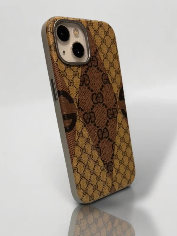 Luxury Designer-Inspired GG Pattern iPhone 13,14 Case in Brown Tones – Premium Stylish Protection for Fashion Enthusiasts - Image 2