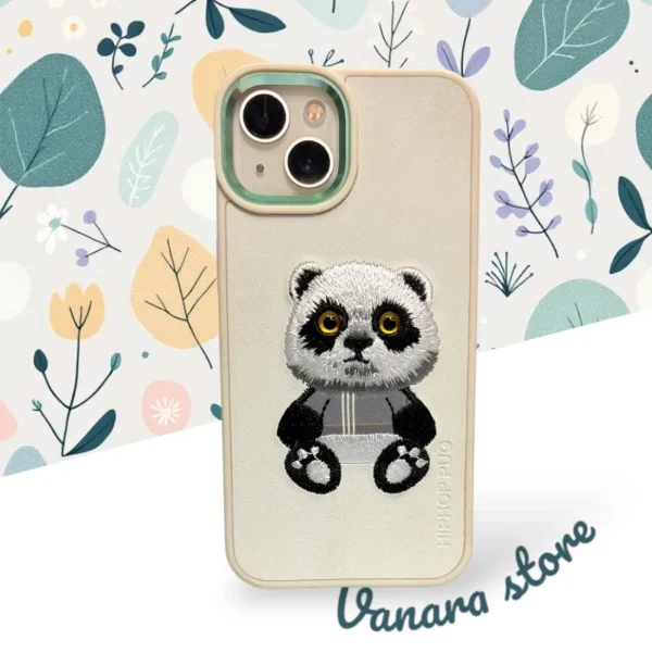 Cute Embroidered Panda Design iPhone 13,14 Case – Soft Beige Back Cover with Adorable 3D Stitch Detailing