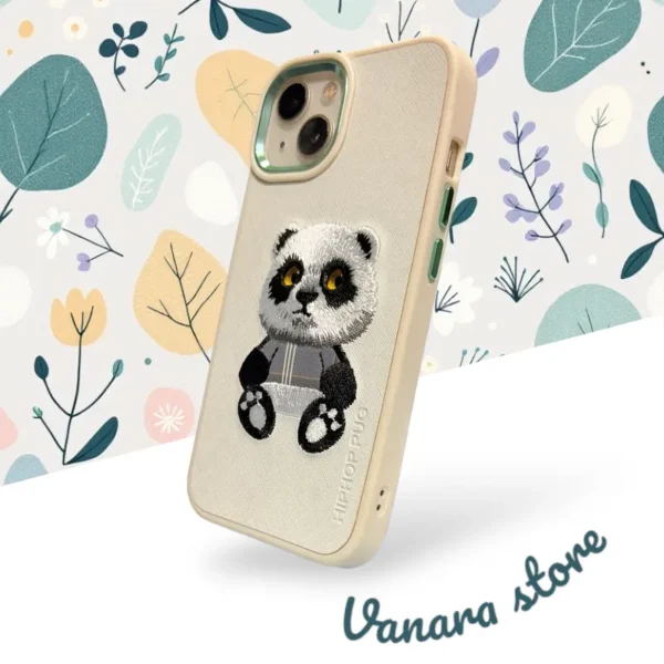 Cute Embroidered Panda Design iPhone 13,14 Case – Soft Beige Back Cover with Adorable 3D Stitch Detailing - Image 3