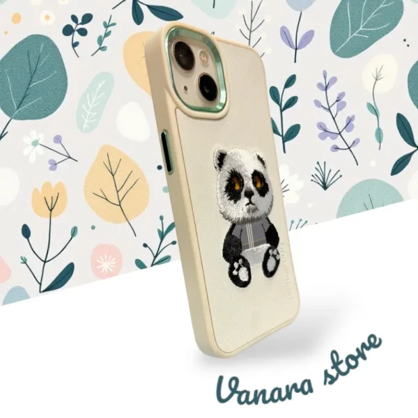 Cute Embroidered Panda Design iPhone 13,14 Case – Soft Beige Back Cover with Adorable 3D Stitch Detailing - Image 2