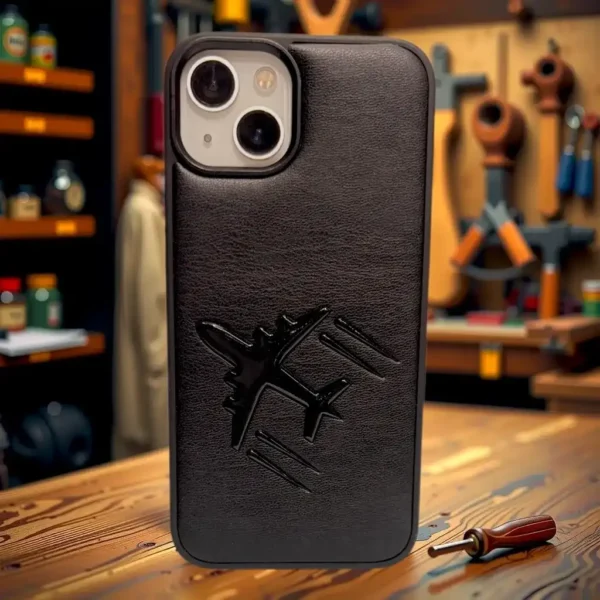 Premium Black Leather iPhone 13,14 Case with Embossed Flight Design – Rugged Luxury for Performance & Style Lovers