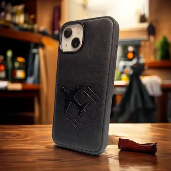 Premium Black Leather iPhone 13,14 Case with Embossed Flight Design – Rugged Luxury for Performance & Style Lovers - Image 3