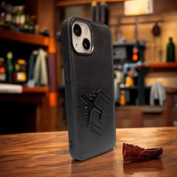 Premium Black Leather iPhone 13,14 Case with Embossed Flight Design – Rugged Luxury for Performance & Style Lovers - Image 2
