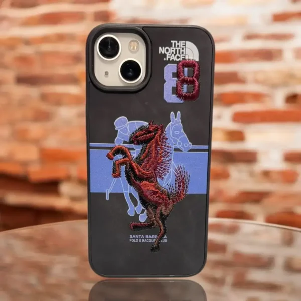 Luxury Embroidered Horse Design iPhone 13,14 Case – Stylish Polo Theme with The North Face Branding and Patchwork