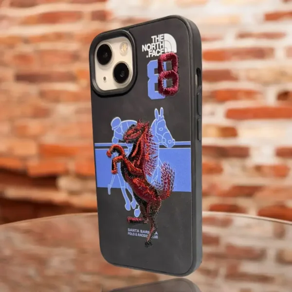 Luxury Embroidered Horse Design iPhone 13,14 Case – Stylish Polo Theme with The North Face Branding and Patchwork - Image 3