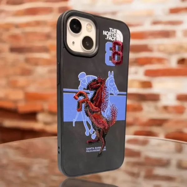 Luxury Embroidered Horse Design iPhone 13,14 Case – Stylish Polo Theme with The North Face Branding and Patchwork - Image 2