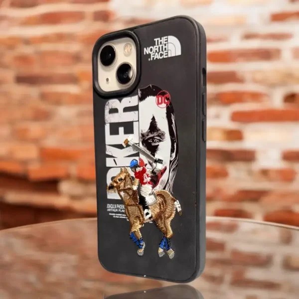 Luxury Embroidered Horse Design iPhone 13,14 Case – Stylish Polo Theme with The North Face Branding and Patchwork - Image 3
