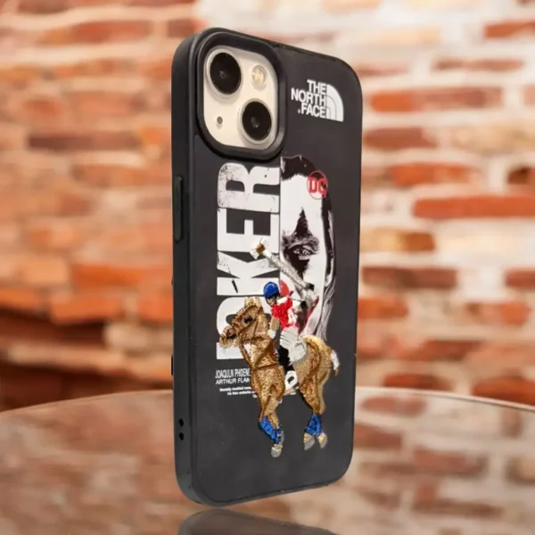 Luxury Embroidered Horse Design iPhone 13,14 Case – Stylish Polo Theme with The North Face Branding and Patchwork - Image 2