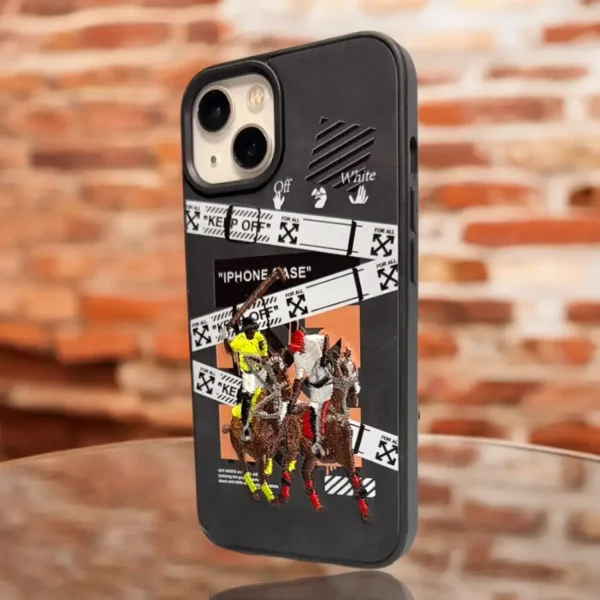 Luxury Embroidered Horse Design iPhone 13,14 Case – Stylish Polo Theme with The North Face Branding and Patchwork - Image 3