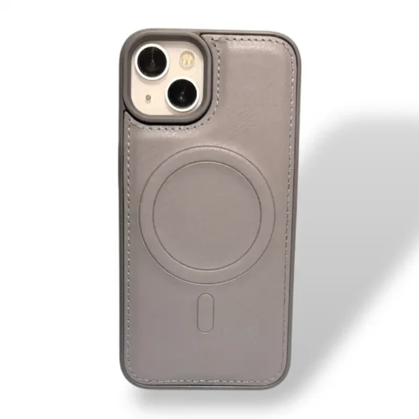 Premium Minimalist Grey Leather iPhone 13,14 Case with MagSafe Compatibility and Elegant Stitched Edges for Everyday Use