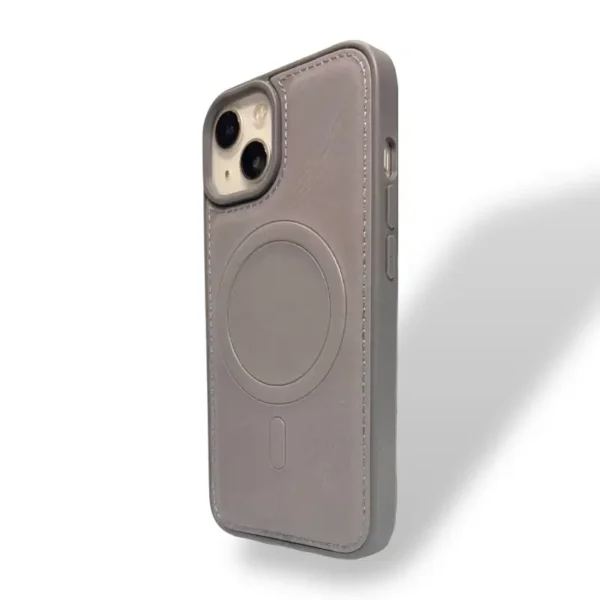 Premium Minimalist Grey Leather iPhone 13,14 Case with MagSafe Compatibility and Elegant Stitched Edges for Everyday Use - Image 3
