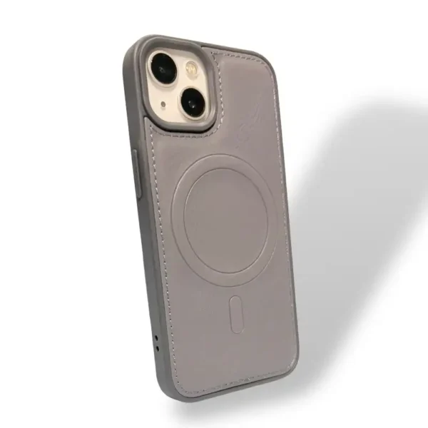 Premium Minimalist Grey Leather iPhone 13,14 Case with MagSafe Compatibility and Elegant Stitched Edges for Everyday Use - Image 2