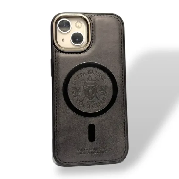 Elegant Santa Barbara Polo Club Leather Texture iPhone 13,14 Case with Classic Crest Design and Premium Stitching Finish