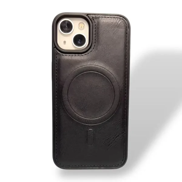 Premium Minimalist Black Leather iPhone 13,14 Case with MagSafe Compatibility and Elegant Stitched Edges for Everyday Use