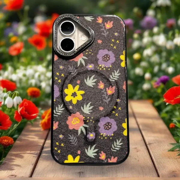 Floral Glitter Grip Case for iPhone 16 – Elegant Black with Multicolor Flowers