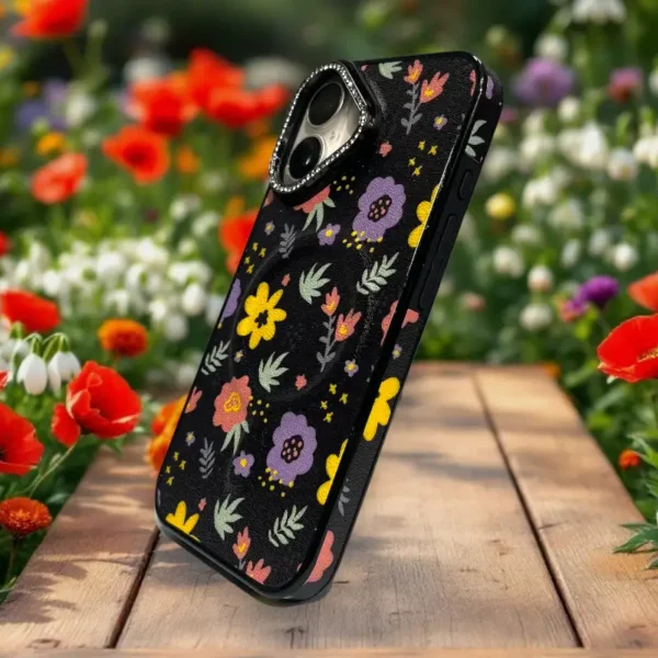 Floral Glitter Grip Case for iPhone 16 – Elegant Black with Multicolor Flowers - Image 3