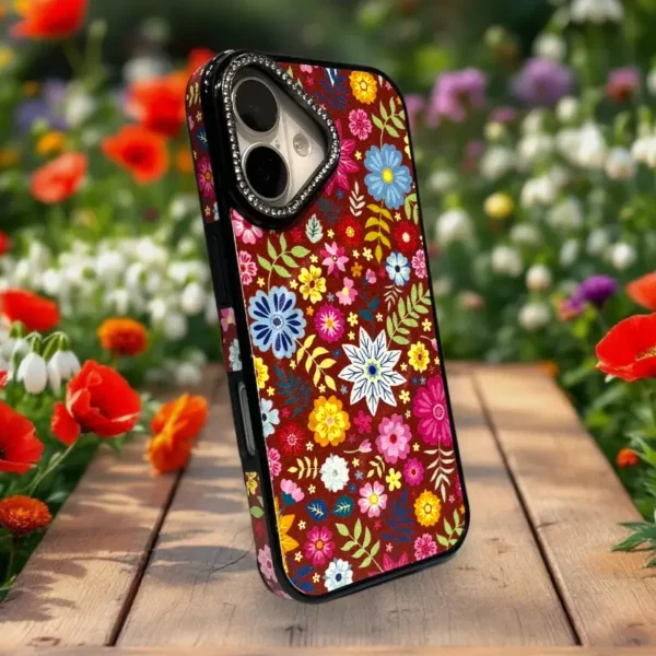 Floral Glitter Grip Case for iPhone 16 – Elegant Dark Reddish with Multicolor Flowers - Image 2