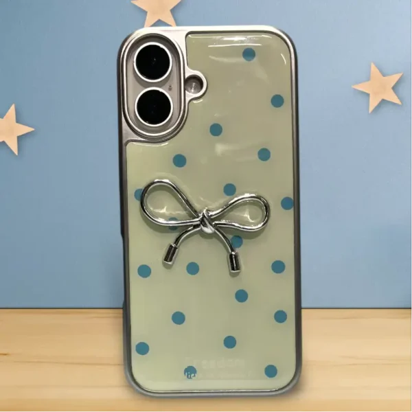 Glossy Polka Dot Bow Case for iPhone 16 – Chrome 3D Bow & Blue Dots
