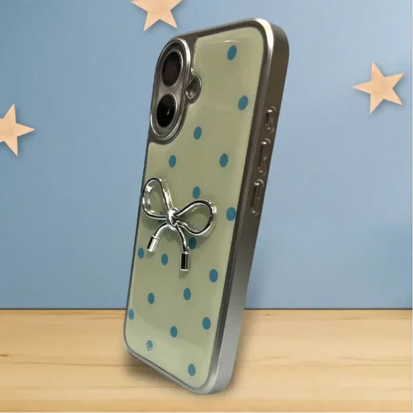 Glossy Polka Dot Bow Case for iPhone 16 – Chrome 3D Bow & Blue Dots - Image 3