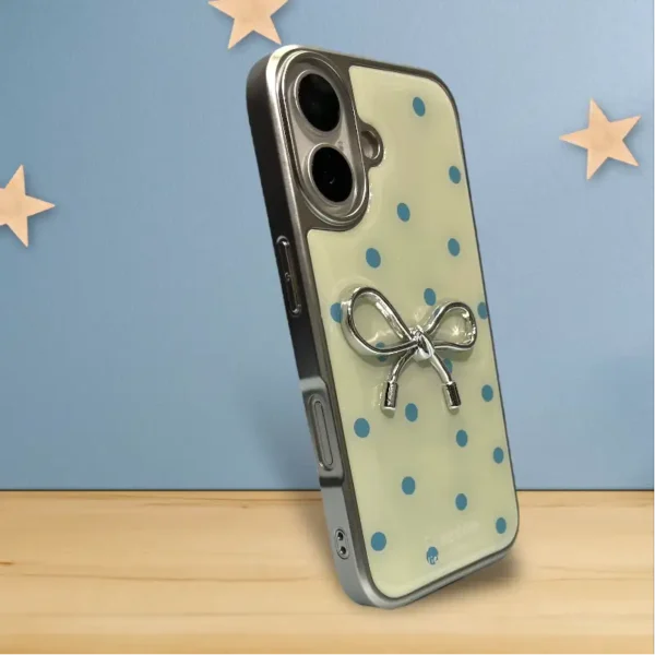 Glossy Polka Dot Bow Case for iPhone 16 – Chrome 3D Bow & Blue Dots - Image 2