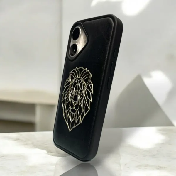 Royal Lion Leather Case for iPhone 16 – Embossed Golden Lion on Matte Black Finish - Image 3