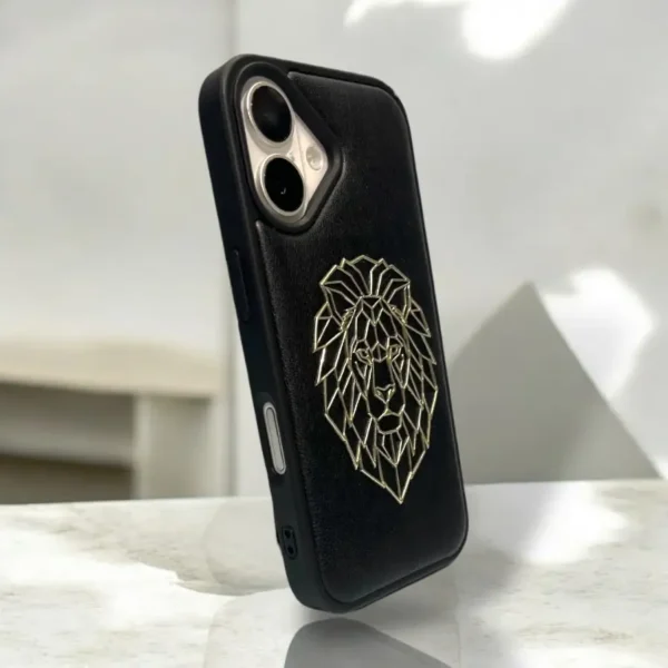 Royal Lion Leather Case for iPhone 16 – Embossed Golden Lion on Matte Black Finish - Image 2